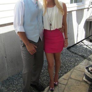 White & Pink Mini Bodycon Stretch Dress - Size: S